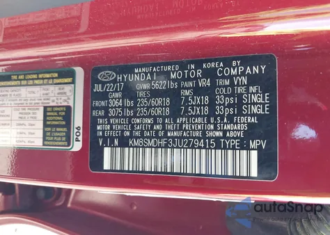 2018 Hyundai Santa Fe Se from USA, damaged, VIN KM8SMDHF3JU279415